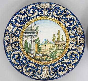 Two faience chargers in historic style, Italy, late 19th century.