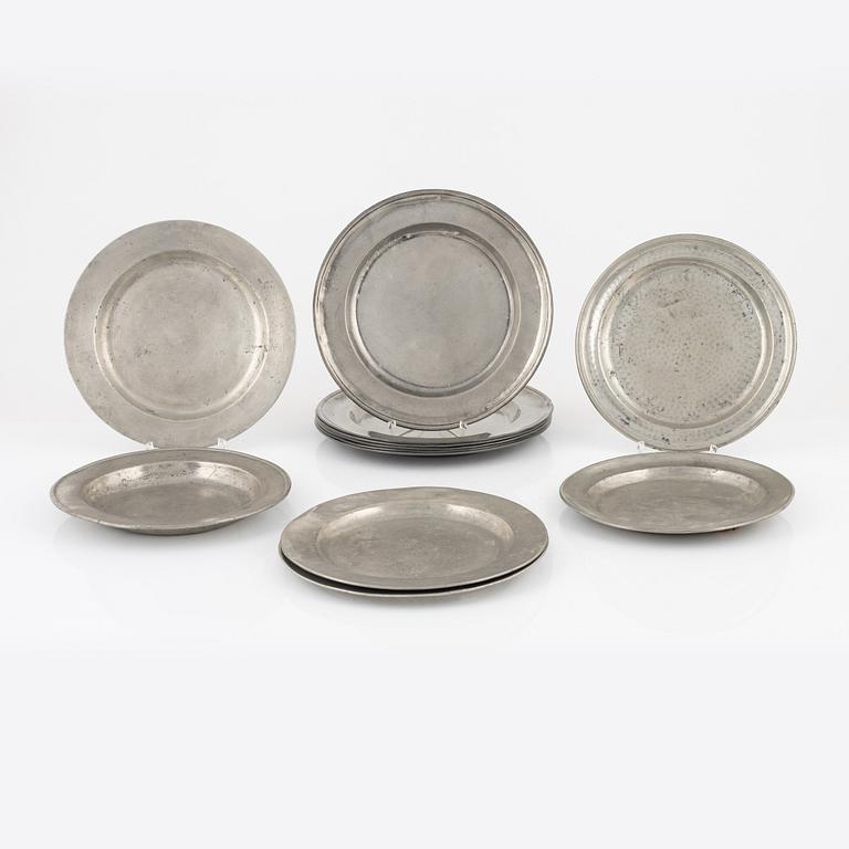 Six pewter plates, Sweden, including Melchior Beck, Stockholm, 1737, and six pewter plates, London, 18/19th century.