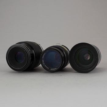 KAMERAOBJEKTIV, 3 st, Micro- Nikkor 105 1:4, Nikkor 35 mm 1:2 samt Nikkor 105 mm 1:2,5.
