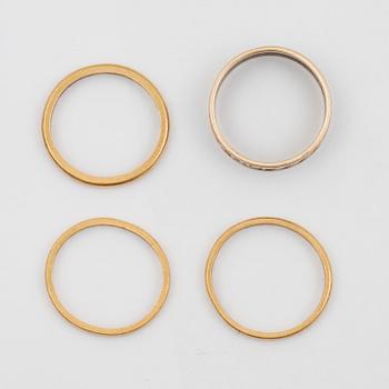RINGAR, 3 st, 23K respektive 1st 18K guld samt tenn, vikt ca 9,8g samt 4,2g.
