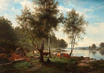 382. Edvard Bergh, Summer landscape with cattle and birches.