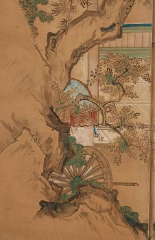 A Japanese six fold screen, Meiji period (1868-1912).