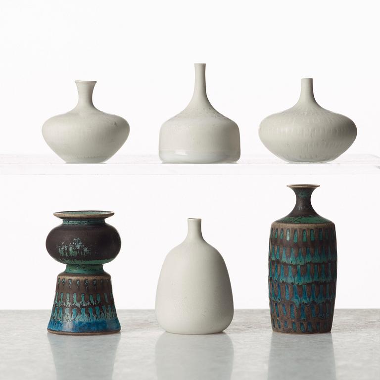 Stig Lindberg, a set of six stoneware miniature vases, Gustavsberg studio, Sweden 1958-62.