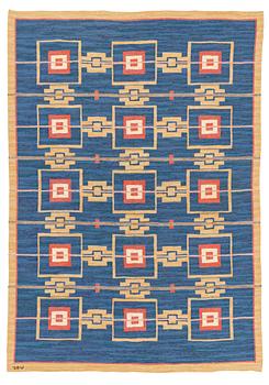 412. a carpet, flat weave, c 243 x 170 cm, signed JBV (Johanna Brunssons Vävskola).