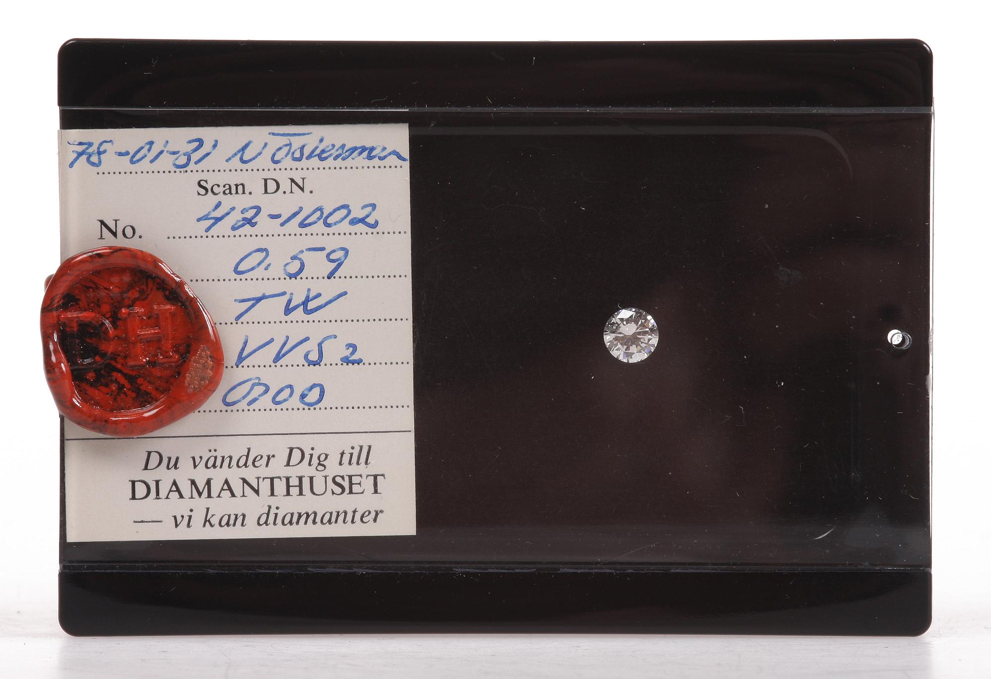 BRILJANTSLIPAD DIAMANT, 0,59 ct TW vvs 2, enligt intyg.