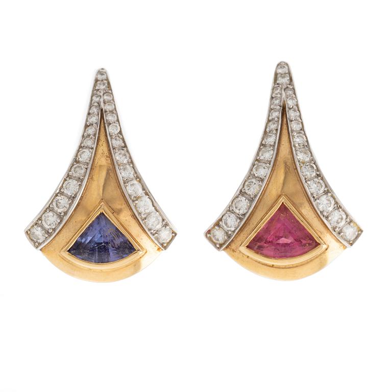 A pair of W.A Bolin earrings, gold and, tourmaline, tanzanite and brilliant cut diamonds.