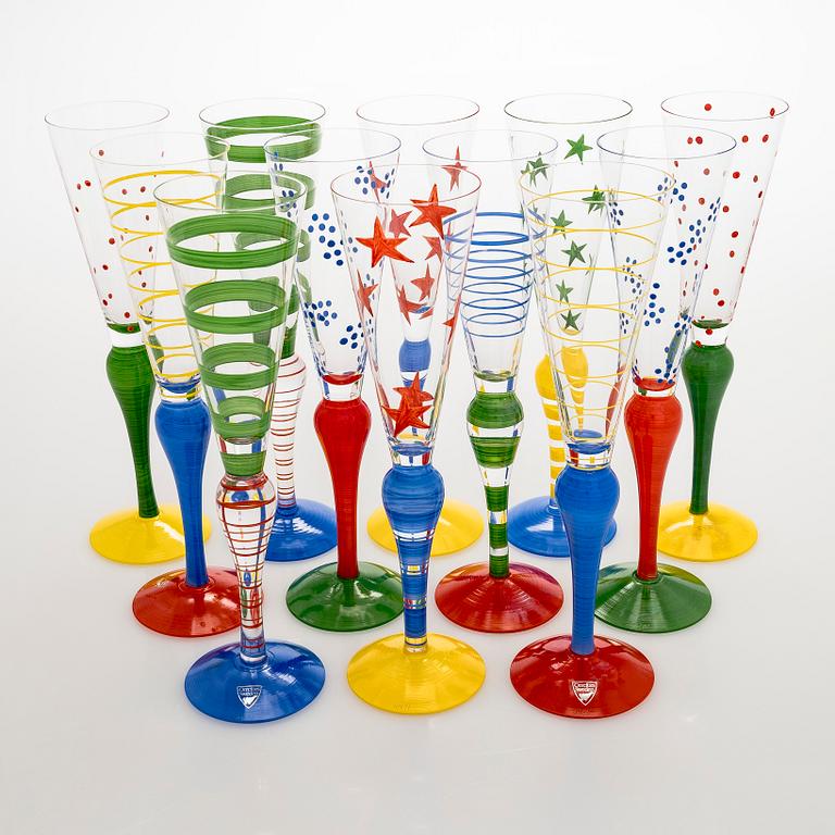 Anne Nilsson, a set of twelve 'Clown' champagne glasses, Orrefors.