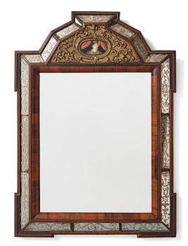 91. A Dutch Baroque walnut, engraved and reverse glass painted mirror, early 18th century.