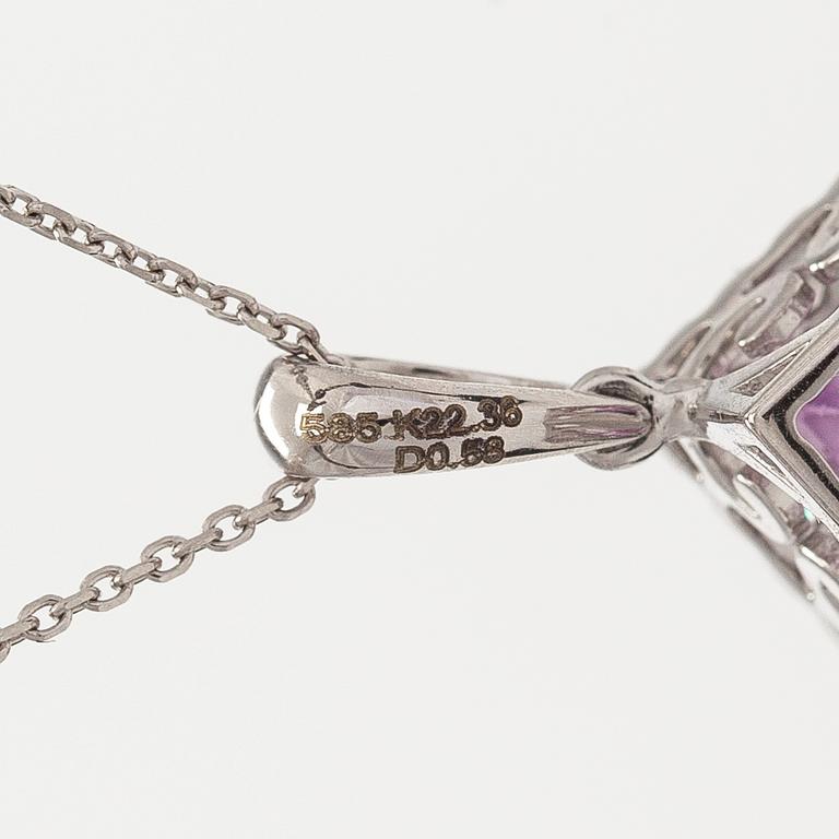 A 14K gold necklace with kunzite and brilliant cut diamonds.