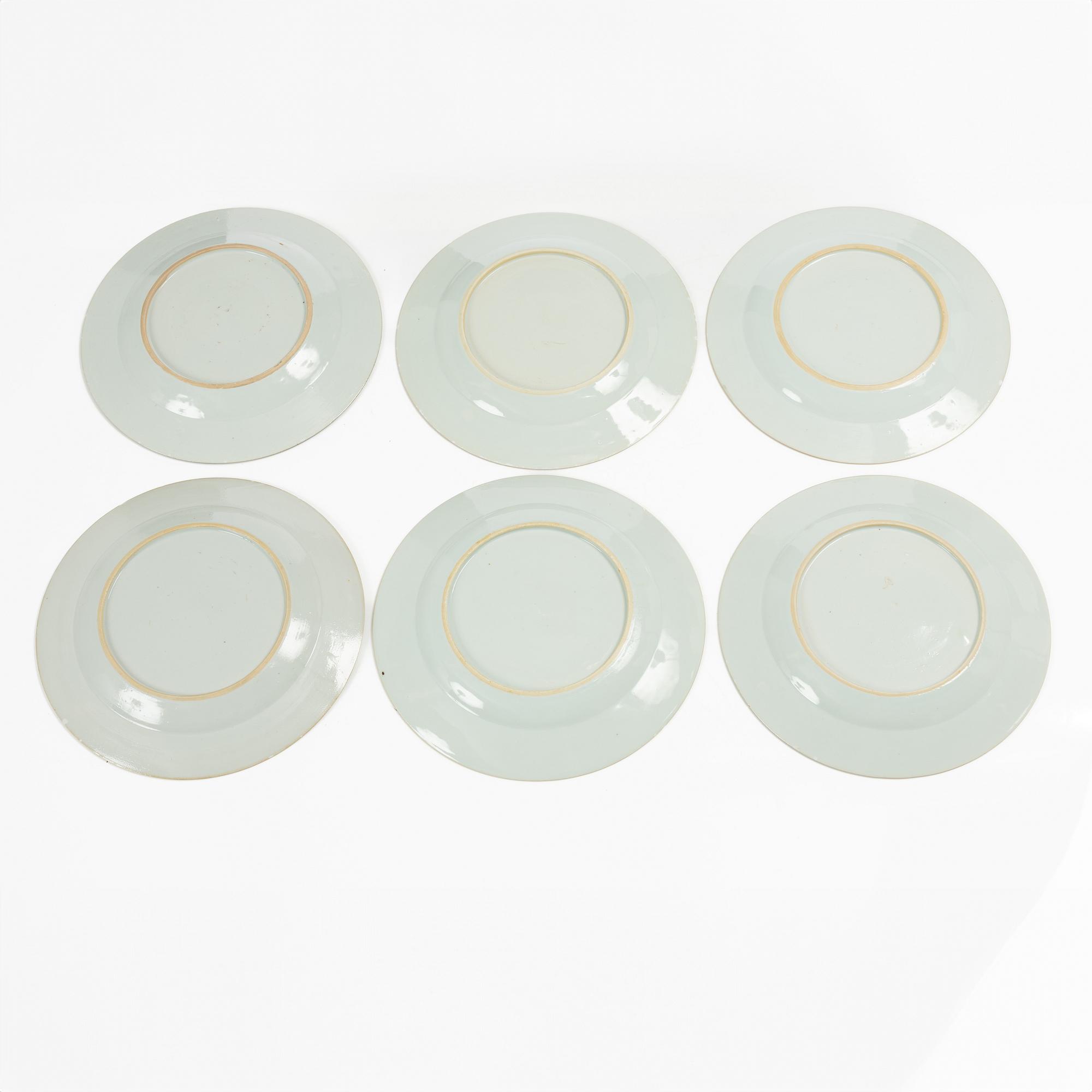 A group of six Chinese blue and white export porcelain plates, Qing dynasty, 18th century.