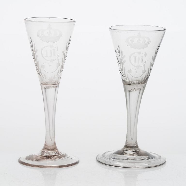 Twelve armorial goblets with Gustav III's monogram, late 18th century and 19th century, Sweden.