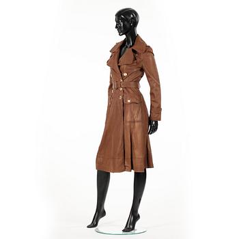 BURBBERY, a brown leather coat.