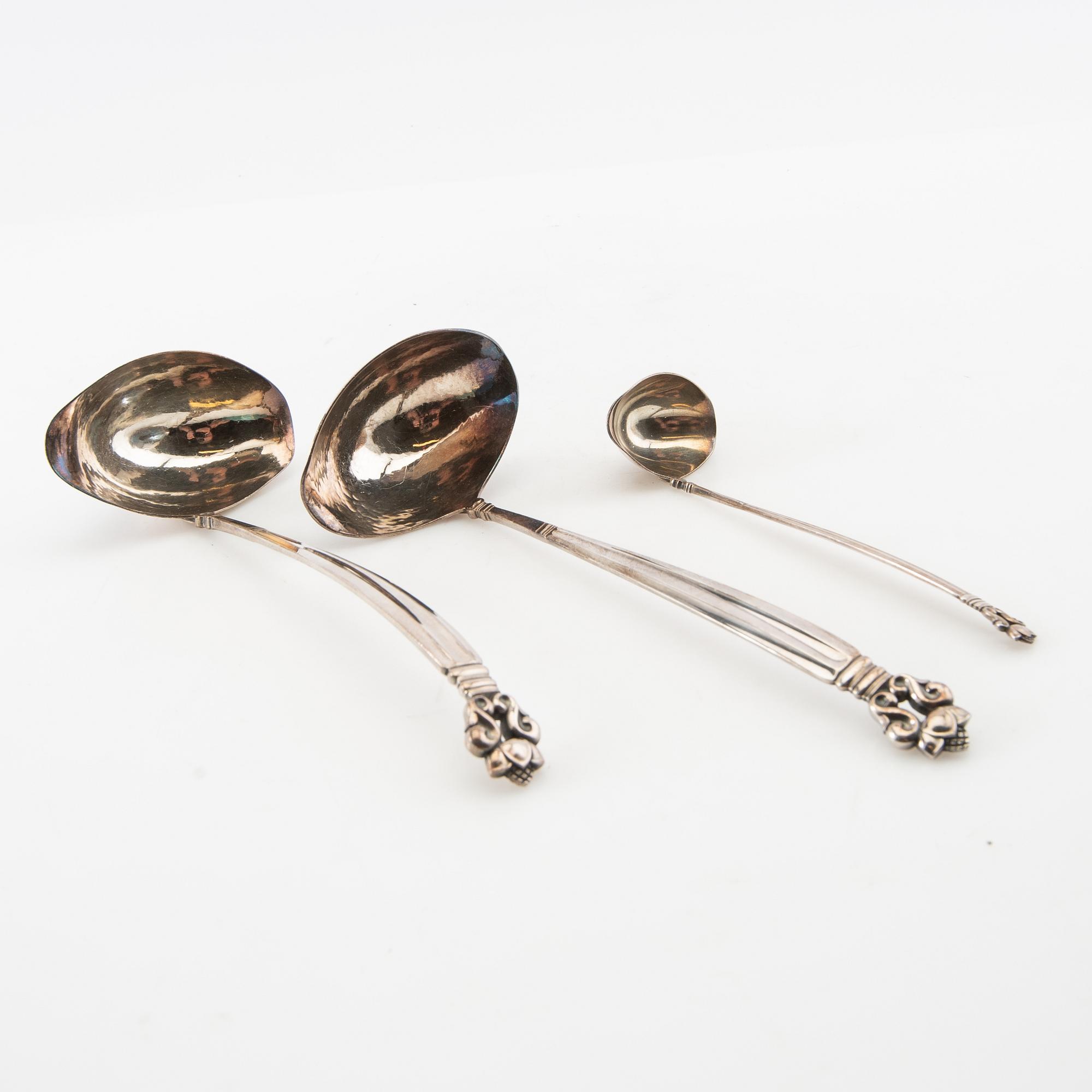 Johan Rohde, Serving utensils 3 dlr, sterling silver "Konge/Acorn", Georg Jensen, Denmark, after 1945.