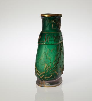 A Daum Frères etched and cut glass vase, decorated in red and gold, Nancy, France 1892.