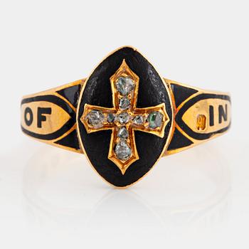 1113. A mourning ring in 18K gold and black enamel set with rose-cut diamonds.