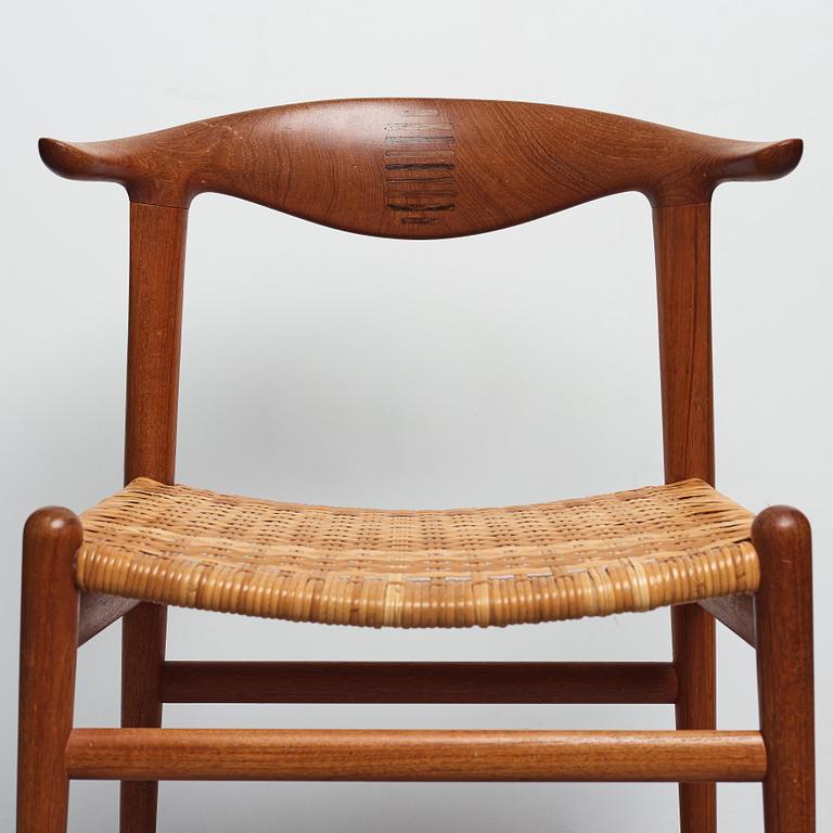 Hans J. Wegner, a set of six teak and rattan "Cowhorn Chairs" "JH-505", executed by cabinetmaker Johannes Hansen, Denmark 1950-60's.