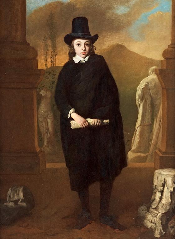 Thomas de Keyser, Portrait of a young man, full-length, in a black costume and har, standing amongst classic sculptures.