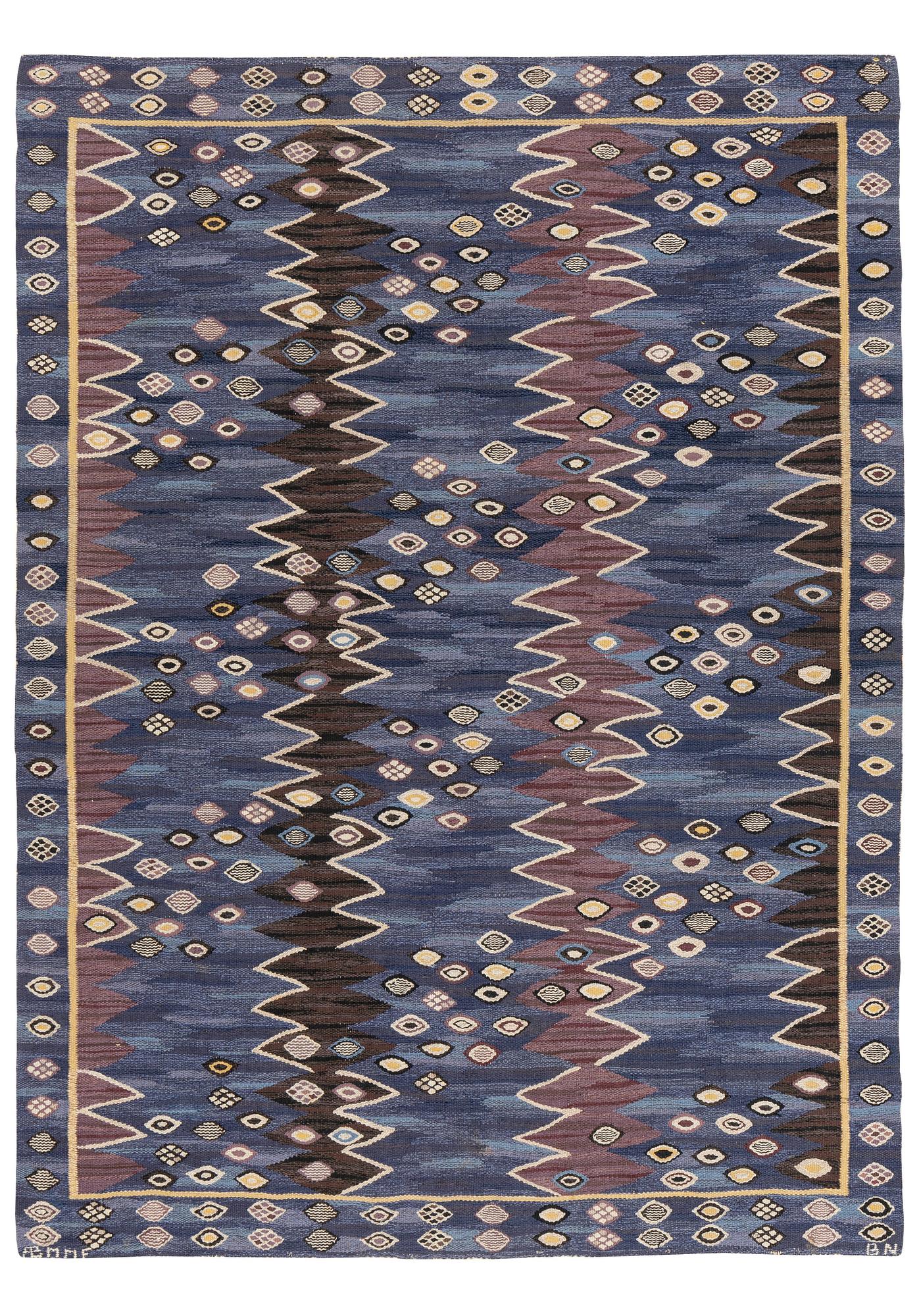 Barbro Nilsson, matta, "Snäckorna", gobelängteknik, ca 263 x 196 cm, signerad AB MMF BN.
