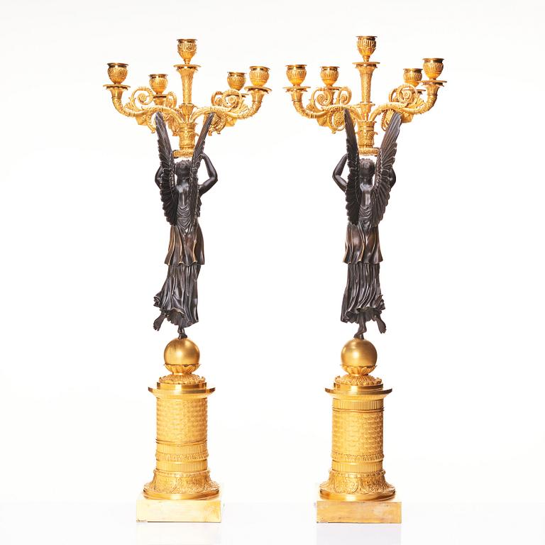 A pair of French Empire five-light candelabra attributed to Pierre Chibout / Chiboust, early 19th century.