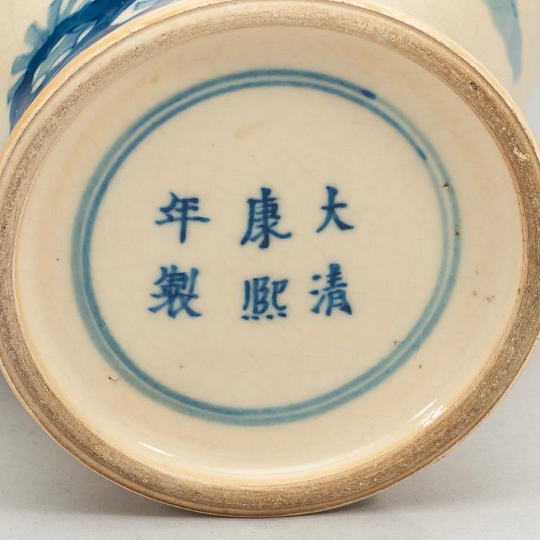 A blue and white soft paste meiping vase, late Qing dynasty (1644-1912), with Kangxi six character mark.