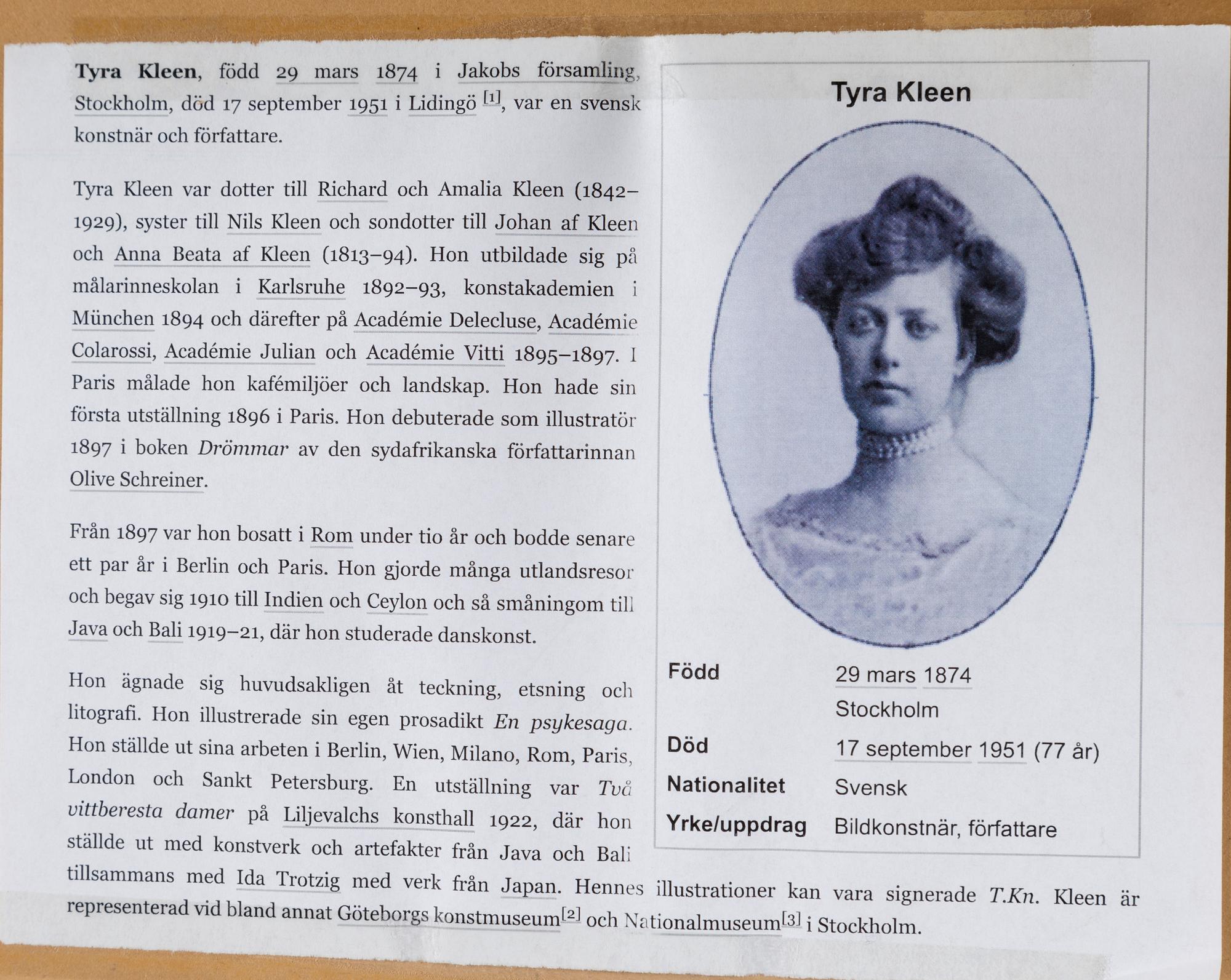 TYRA KLEEN, litograph, signed and dated 1907.