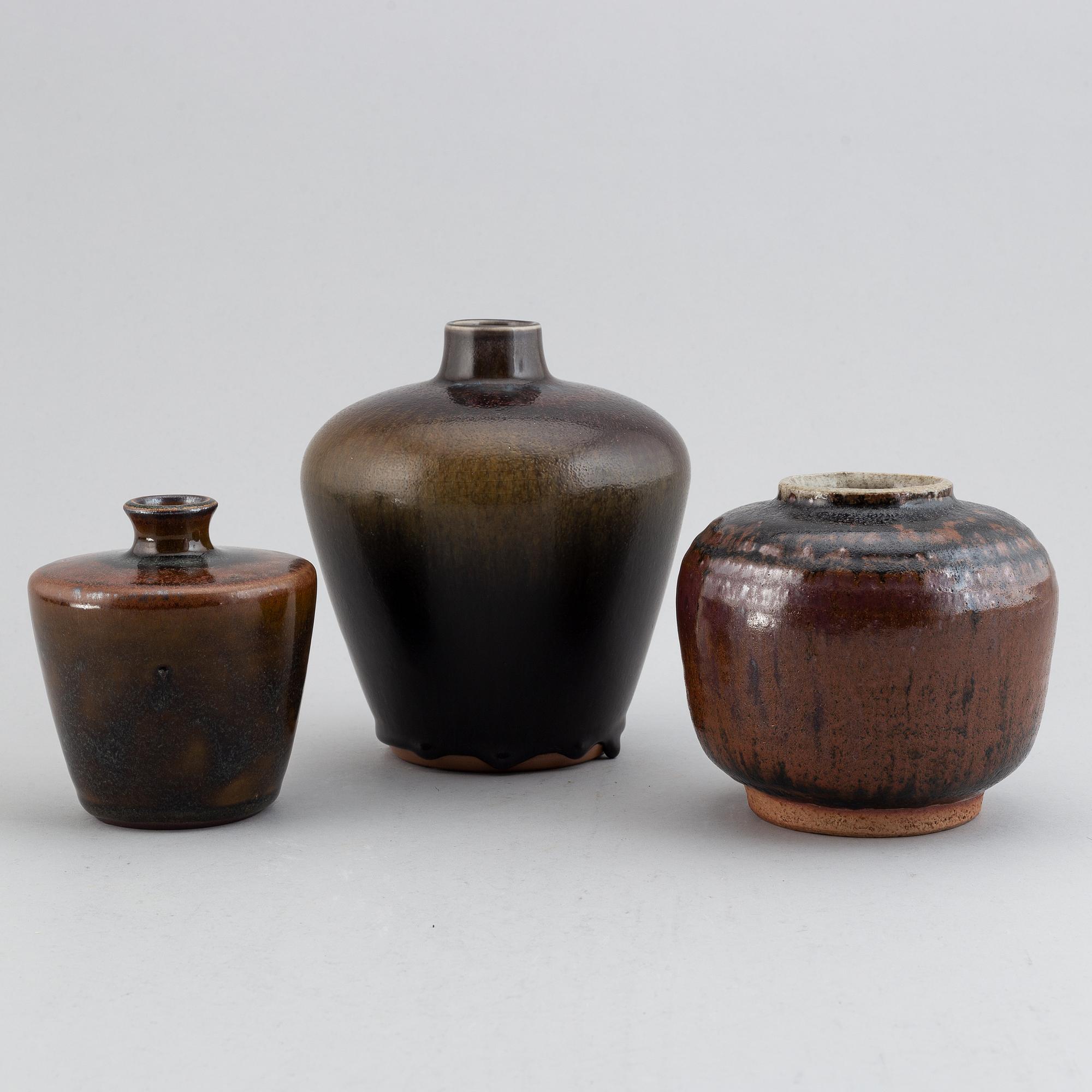 Rolf Palm, three 1960s glazed stoneware vases, signed Palm, Mölle.