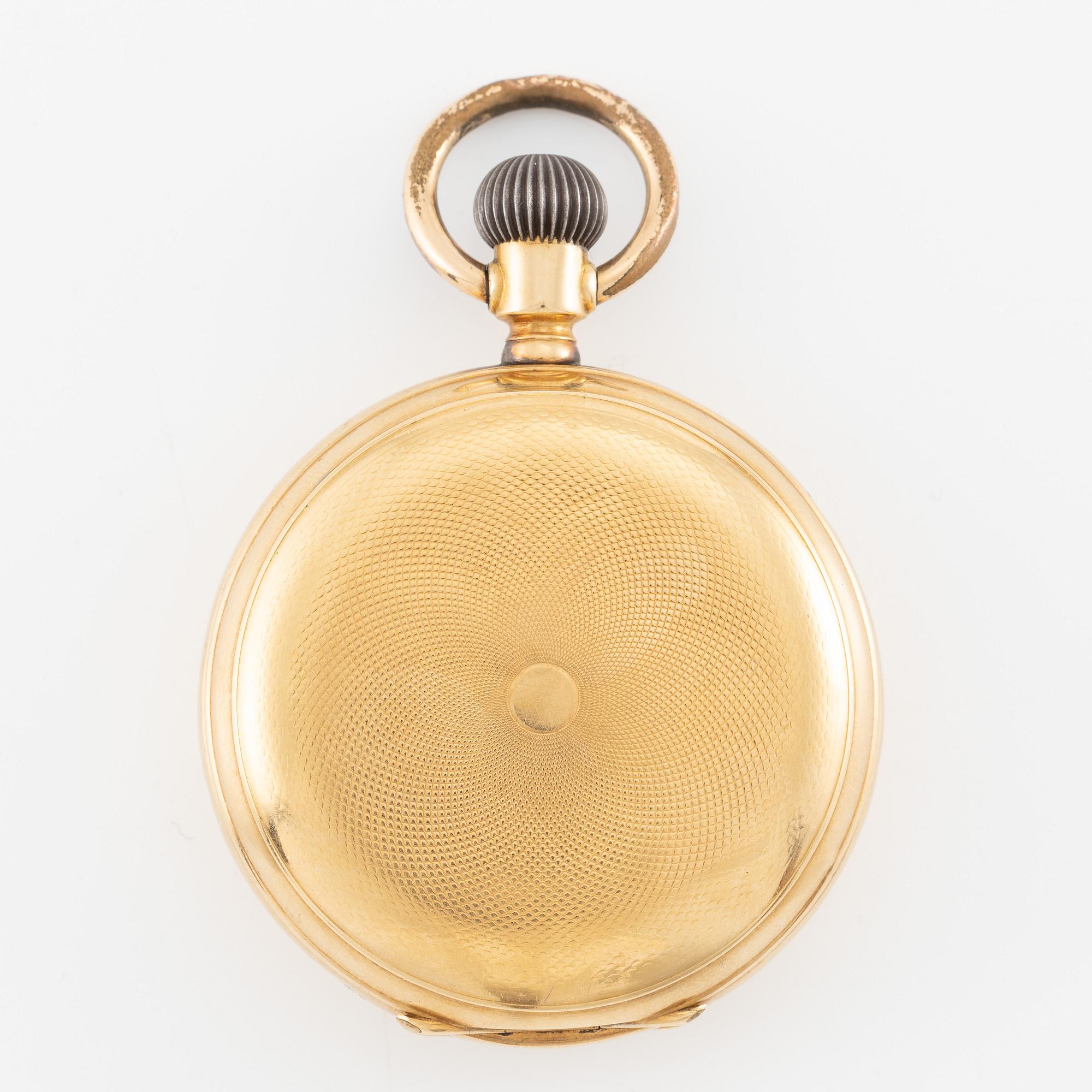 Pocket watch, 18K gold, hunter, calendar, 49.5 mm.