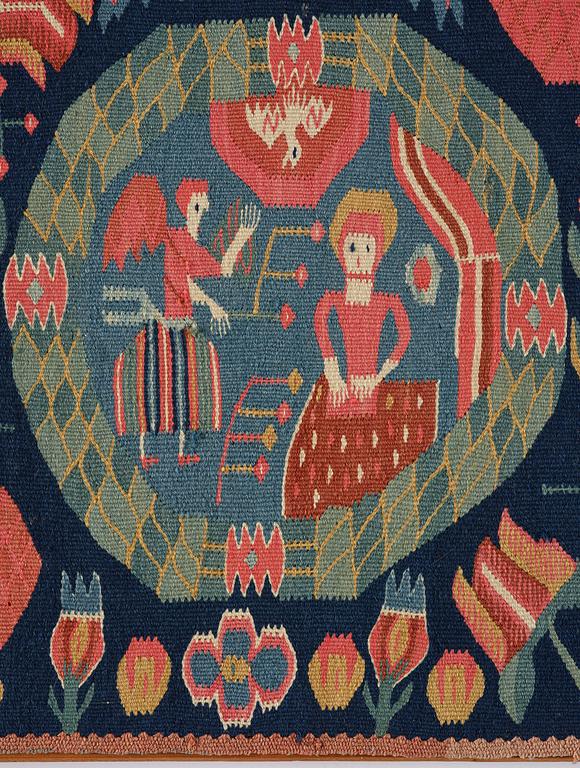 Åkdyna, "Bebådelsen", flamskväv, ca 104 x 52 cm, Skåne, 1800-1825.