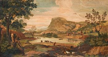 465. Gaspard Dughet Tillskriven, Italienskt landskap med staffagefigurer.