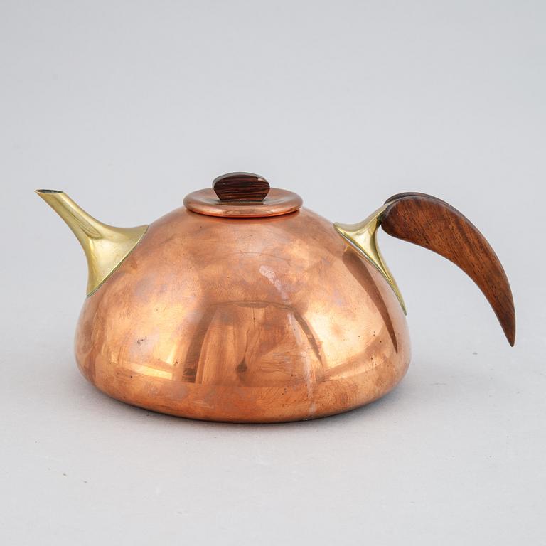 A copper, brass and rosewood teapot, Illums Bolighus, Denmark, 1950's.