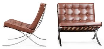 A pair of Ludwig Mies van der Rohe "Barcelona" brown leather easy chairs, Knoll International.
