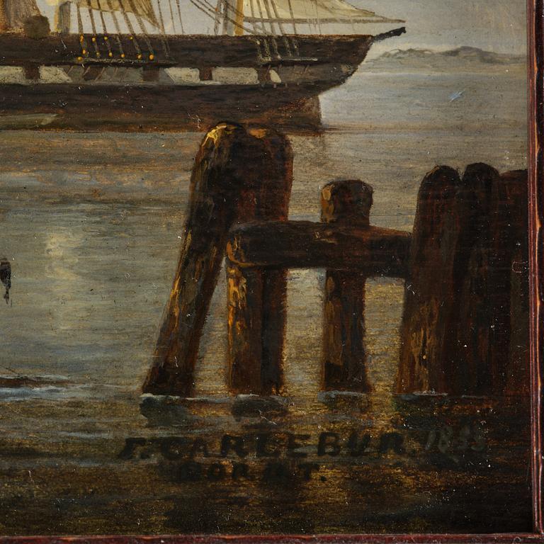 François Carlebur, Fishing boats on the shore and a frigate at anchor.