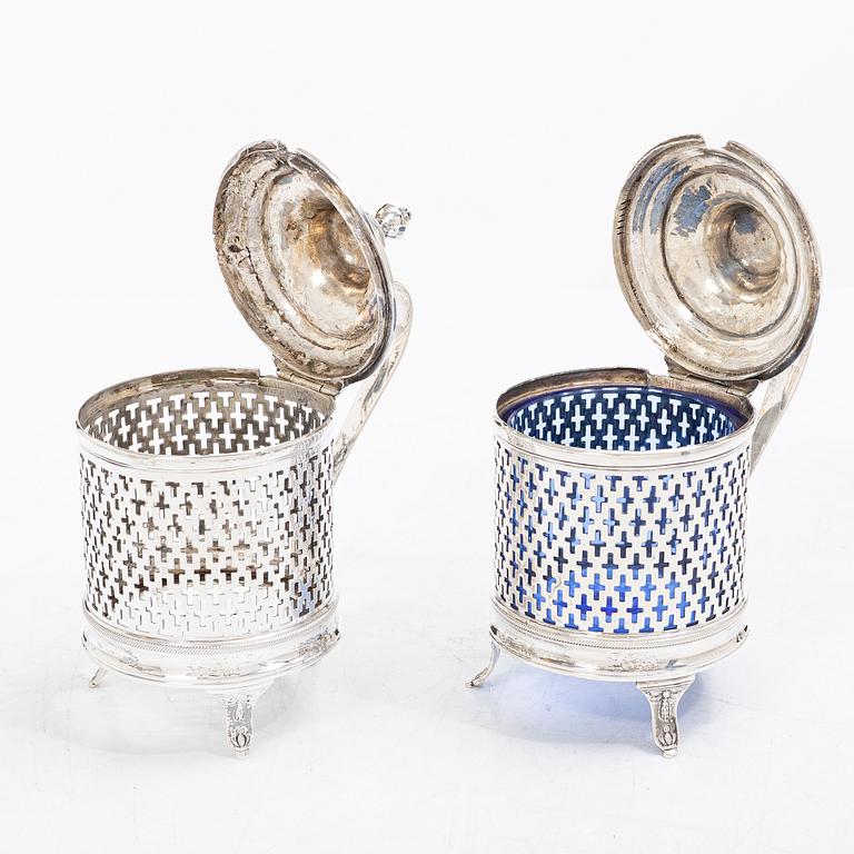 A pair of Swedish mustard pots, silver, probably Gustaf Hamnqvist, Åmål, 1797 (active 1789 - 1818).