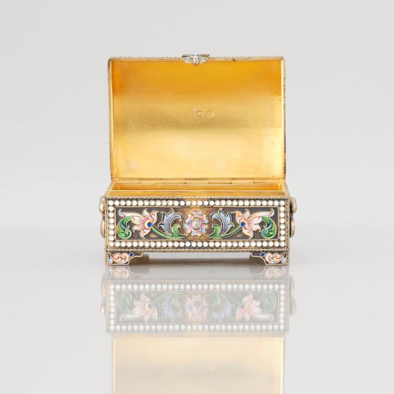 A Russian silver-gilt and cloisonné enamel casket, mark of Ivan Saltykov, Moscow, 1896-1908.