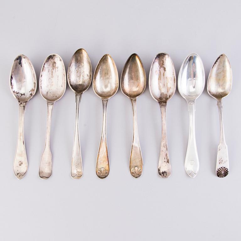 Eight Swedish/Finnish silver tablespoons, 18th/19th Century.