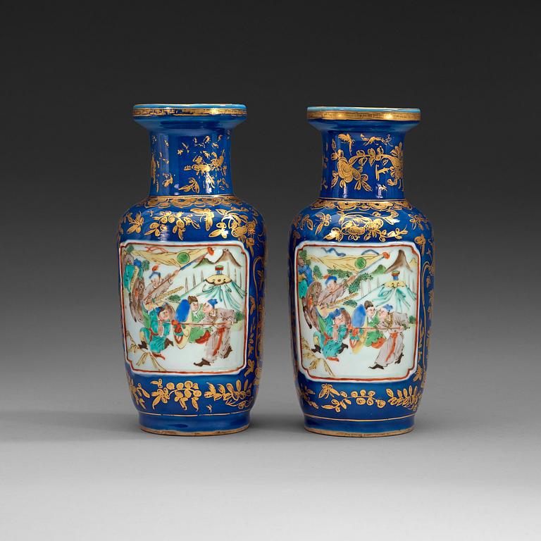 A pair of powder blue and famille rose vases, late Qing dynasty (1644-1912).