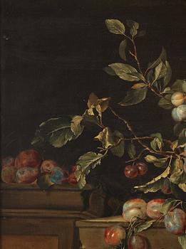 Pierre Dupuis Follower of, Still life with plums in a basket.