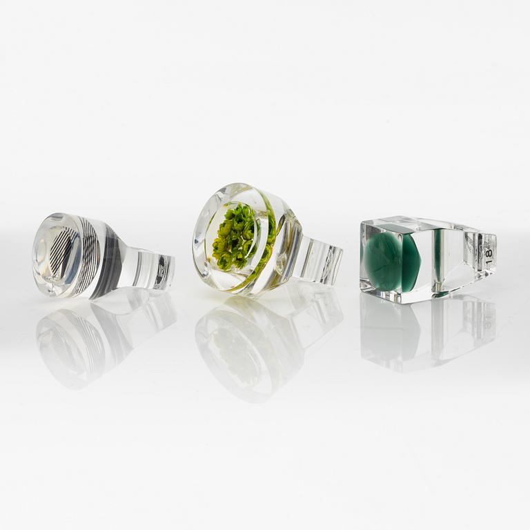 Siv Lagerström, three rings, acrylic plastic. Engraved works from the 1970s.