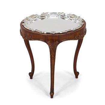 A tray table with a sterling silver salver, Mappin & Webb, London 1912, the table frame by Paul Boman.