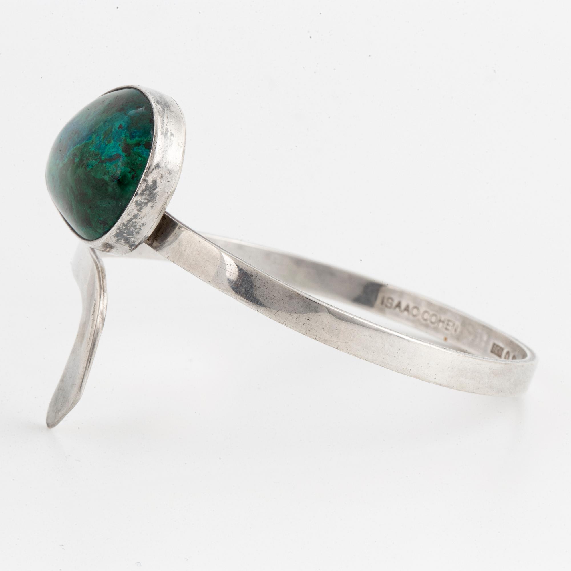 Isaac Cohen silver bangle with green stone.