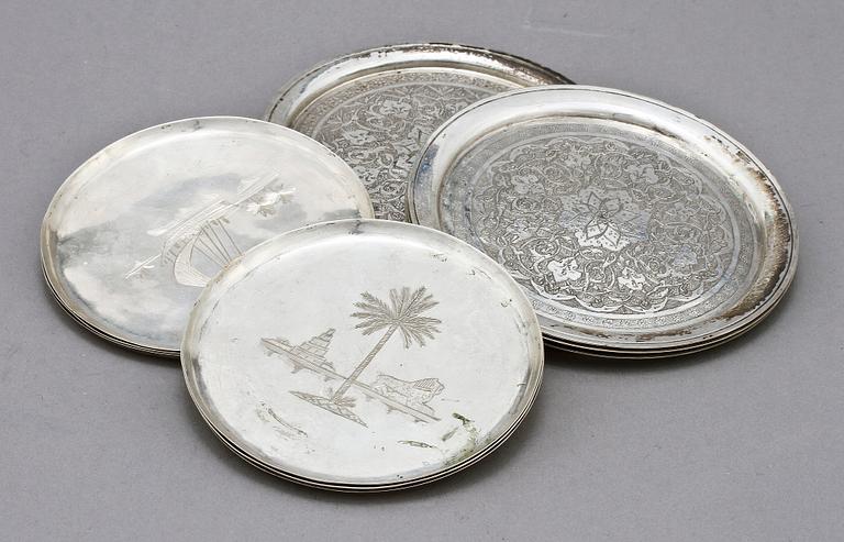 COASTERS, 12 st, silver, orientaliska, 1900-tal. Tot. v. ca 660 g.