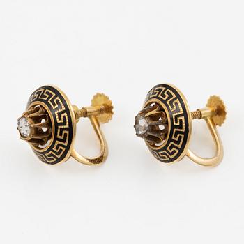 Earrings, a pair, 18K gold with meander border and rose-cut diamonds.