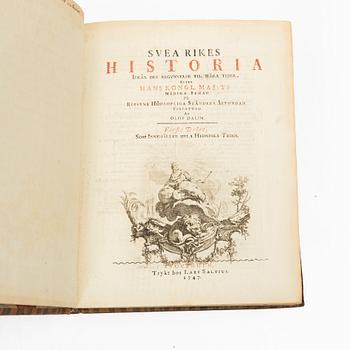 Books, four volumes,'Svea Rikes Historia', Olof Dalin, Lars Salvius, Stockholm, 1747-62.