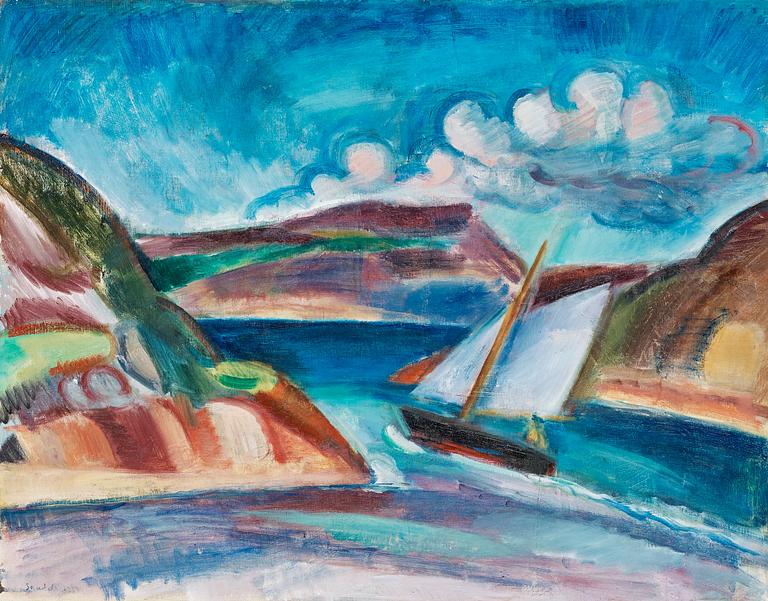Gösta Sandels, "Landskap med segelbåd, Bohuslän" (Landscape with sailing boat).