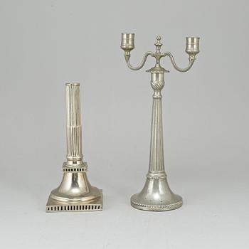 Two gustavian pewter candlesticks, one by Nicolaus Justelius, Eksjö 1806.