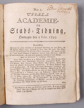 INBUNDEN TIDNING SAMT KUNGÖRELSE, 2 st, bla Upsala Academie och stadstidning. 1754 resp 1793.