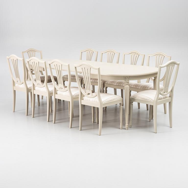 A dining table with 10 chairs, Gustavian Style dining suite, second half of the 20th century.