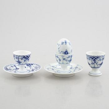 A group of three egg cups, a pair of salt/pepper shakers and two sauce boats, "Blue Fluted"/"Musselmalet", Royal Copenha.