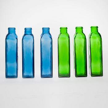 FLASKOR, 6 st, glas, "Lankkupullo" Helena Tynell, Riihimäen Lasi 1970-tal.