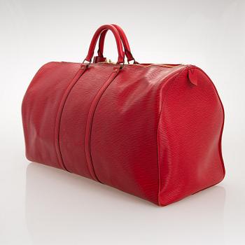 A RED EPI LEATHER KEEPALL TRAVEL BAG.